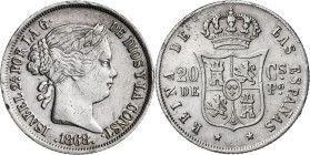 1868. Isabel II. Manila. 20 centavos. (AC. 661). Golpecitos y rayitas. 5,09 g. MBC.