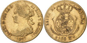 1857. Isabel II. Barcelona. 100 reales. (AC. 767). Defecto de acuñación en la gráfila del anverso. 8,24 g. MBC.