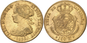 1859. Isabel II. Sevilla. 100 reales. (AC. 800). Defecto de acuñación en canto. 8,31 g. MBC+.