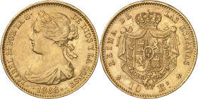 1868*1868. Isabel II. Madrid. 10 escudos. (AC. 815). Golpecitos. 8,30 g. MBC/MBC+.