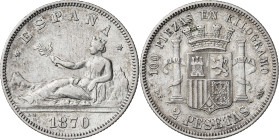 1870*1873. I República. DEM. 2 pesetas. (AC. 28). 9,91 g. MBC-.
