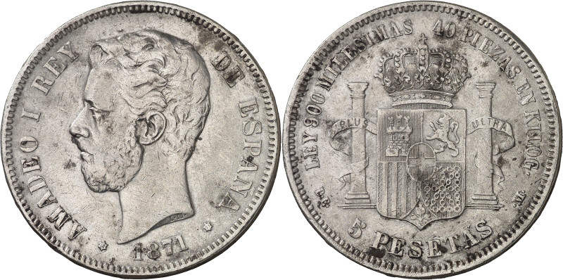 1871*1873. Amadeo I. DEM. 5 pesetas. (AC. 3). Escasa. 24,63 g. BC+.