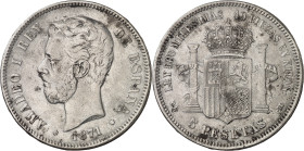 1871*1873. Amadeo I. DEM. 5 pesetas. (AC. 3). Escasa. 24,63 g. BC+.