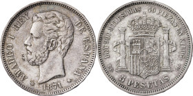 1871*1874. Amadeo I. DEM. 5 pesetas. (AC. 5). Contramarca particular "M.P" en anverso. 24,85 g. BC+/MBC-.