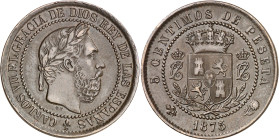 1875. Carlos VII, Pretendiente. Oñate. 5 céntimos. (AC. 2). Reverso levemente girado. 4,96 g. MBC+.