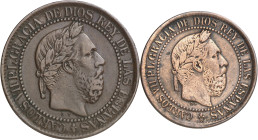 1875. Carlos VII, Pretendiente. Oñate. 5 y 10 céntimos. Lote de 2 monedas. MBC-/MBC.
