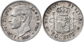 1881*81. Alfonso XII. MSM. 50 céntimos. (AC. 12). 2,54 g. MBC+.