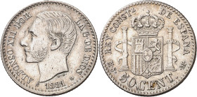 1881*81. Alfonso XII. MSM. 50 céntimos. (AC. 12). 2,50 g. EBC-/MBC+.