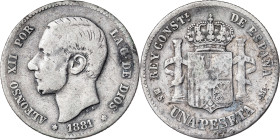 1881*---1. Alfonso XII. MSM. 1 peseta. (AC. 17). Escasa. 4,83 g. BC.