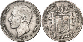 1885*1886. Alfonso XII. MSM. 1 peseta. (AC. 25). Primera estrella floja, segunda estrella perfecta. Rayitas. 4,92 g. MBC-.