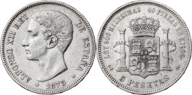 1875*1875. Alfonso XII. DEM. 5 pesetas. (AC. 35). 24,91 g. MBC-.