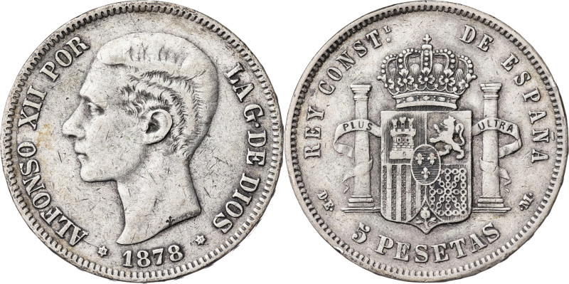1878*1878. Alfonso XII. DEM. 5 pesetas. (AC. 39). Pequeña contramarca (flor de l...