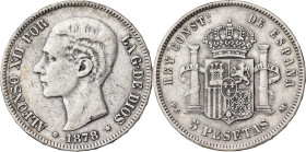 1878*1878. Alfonso XII. DEM. 5 pesetas. (AC. 39). Pequeña contramarca (flor de lis) en anverso. 24,84 g. BC+.