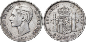 1881*1881. Alfonso XII. SDM. 5 pesetas. (AC. 44). Escasa. 24,79 g. BC+.