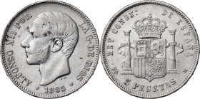 1885*1885. Alfonso XII. MSM. 5 pesetas. (AC. 60). Golpecitos. 24,72 g. MBC-.