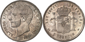 1885*1887. Alfonso XII. MSM. 5 pesetas. (AC. 62). Leves golpecitos. Atractiva. 24,91 g. MBC+/EBC-.