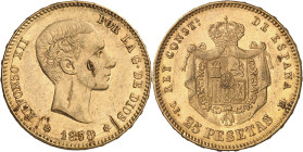 1878*1878. Alfonso XII. DEM. 25 pesetas. (AC. 70). Rayas. 8,03 g. (MBC+).