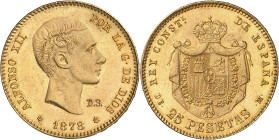 1878*1878. Alfonso XII. DEM. 25 pesetas. (AC. 70). Contramarca particular D.S. Leves rayitas. Brillo original. 8,03 g. EBC.