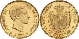 1878*1878. Alfonso XII. EMM. 25 pesetas. (AC. 71). Leves rayitas. Parte de brillo original. 8,07 g. EBC+.