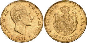 1879*1879. Alfonso XII. EMM. 25 pesetas. (AC. 74). Golpe en canto. 8,07 g. EBC.
