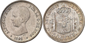 1892/82*92. Alfonso XIII. PGM. 50 céntimos. (AC. 28). 2,47 g. MBC+.