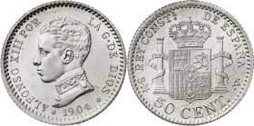 1904*04. Alfonso XIII. SMV. 50 céntimos. (AC. 46). Bella. Brillo original. 2,57 g. S/C.
