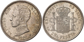 1904*1904. Alfonso XIII. SMV. 1 peseta. (AC. 68). Bella. Brillo original. 4,96 g. EBC+.