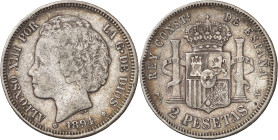 1894*1894. Alfonso XIII. PGV. 2 pesetas. (AC. 86). Leves golpecitos. Escasa. 9,92 g. MBC-.