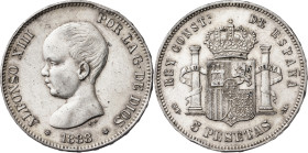 1888*1888. Alfonso XIII. MPM. 5 pesetas. (AC. 92). Golpecitos. 24,90 g. MBC-.