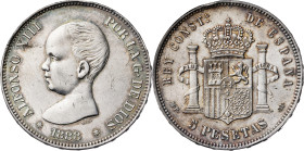 1888*1888. Alfonso XIII. MPM. 5 pesetas. (AC. 92). Golpecitos. Bonito color. 24,86 g. MBC/MBC+.