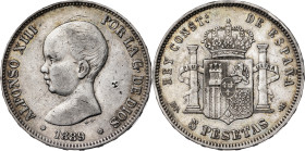 1889*1889. Alfonso XIII. MPM. 5 pesetas. (AC. 93). Pequeña contramarca particular en anverso. 24,90 g. BC+.