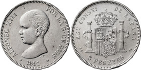 1891*1891. Alfonso XIII. PGM. 5 pesetas. (AC. 98). Golpecitos. Limpiada. 24,89 g. MBC-.