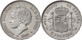 1892*1892. Alfonso XIII. PGM. 5 pesetas. (AC. 100). Tipo "buclues". Limpiada. 24,79 g. MBC-/MBC