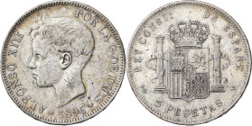 1896*1896. Alfonso XIII. PGV. 5 pesetas. (AC. 106). Contramarca particular en anverso. 24,74 g. BC+.