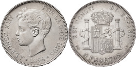 1896*1896. Alfonso XIII. PGV. 5 pesetas. (AC. 106). Gran hoja superficial. 24,96 g. (EBC-/EBC).