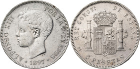 1897*1897. Alfonso XIII. SGV. 5 pesetas. (AC. 107). Limpiada. 24,99 g. BC+/MBC-.