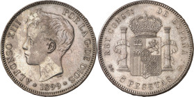 1899*1899. Alfonso XIII. SGV. 5 pesetas. (AC. 110). Pátina irregular. 24,93 g. EBC-/EBC.