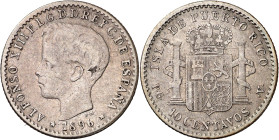 1896. Alfonso XIII. Puerto Rico. PGV. 10 centavos. (AC. 125). 2,49 g. MBC-/BC+.