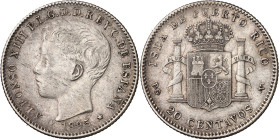1895. Alfonso XIII. Puerto Rico. PGV. 20 centavos. (AC. 126). Rayitas. Buen ejemplar. Escasa. 4,99 g. MBC+.