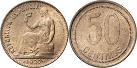 1937*-6. II República. 50 céntimos. (AC. 31). Gráfila de puntos cuadrados. Parte de brillo original. 5,92 g. S/C-.