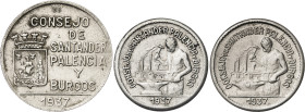 Santander, Palencia y Burgos. 50 céntimos (dos) y 1 peseta. (AC. 33 a 35). 3 monedas, una de 50 céntimos con PJR. MBC/MBC+.