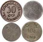 Masnou. 5, 10 (dos) y 25 céntimos. (AL. 430 y 441 a 443). Lote de 4 monedas: Cooperativa "El Masnou" (10 céntimos, baquelita) y Central Nacional Sindi...