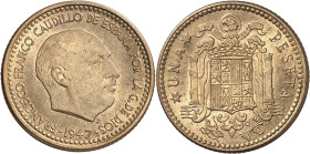 1947*1950. Franco. 1 peseta. (AC. 50). Ex Áureo 20/09/2001, nº 2208. Rara. 3,44 g. EBC.