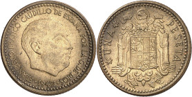 1947*1956. Franco. 1 peseta. (AC. 55). Ex Áureo 19/12/2001, nº 1736. Rara. 3,55 g. EBC-.