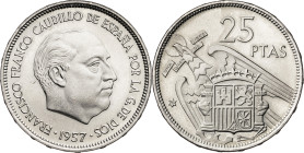 1957*74. Franco. 25 peseas. (AC. 129). 8,44 g. Proof.