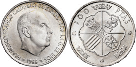 1966*1966. Franco. 100 pesetas. (AC. 145). Pleno brillo original. 18,76 g. S/C.