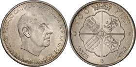 1966*1969. Franco. 100 pesetas. (AC. 148). Palo curvo. 19,14 g. S/C-.