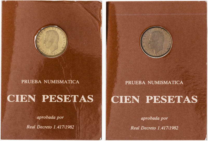 1982. Juan Carlos I. 100 pesetas. Lote de 2 expositores, flores de lis hacia arr...