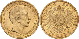 Alemania. Prusia. 1899. Guillermo II. A (Berlín). 20 marcos. (Fr. 3831) (Kr. 521). AU. 7,92 g. MBC+/EBC-.
