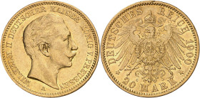 Alemania. Prusia. 1900. Guillermo II. A (Berlín). 20 marcos. (Fr. 3831) (Kr 521). Golpecito en canto del reverso. AU. 7,94 g. MBC+/EBC-.